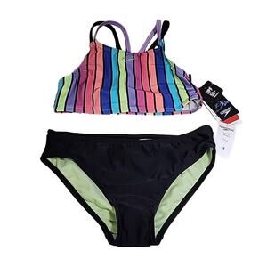 Speedo Girl's Size 14 Black Pink Blue Striped Bikini Swimsuit NWT